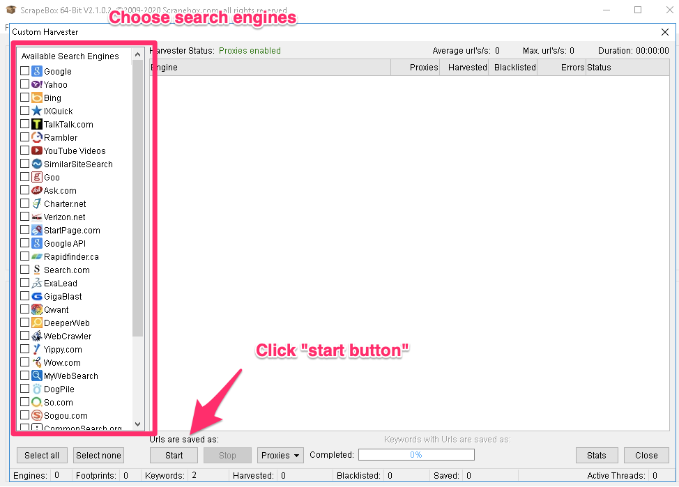 choose search enginers in scrapebox